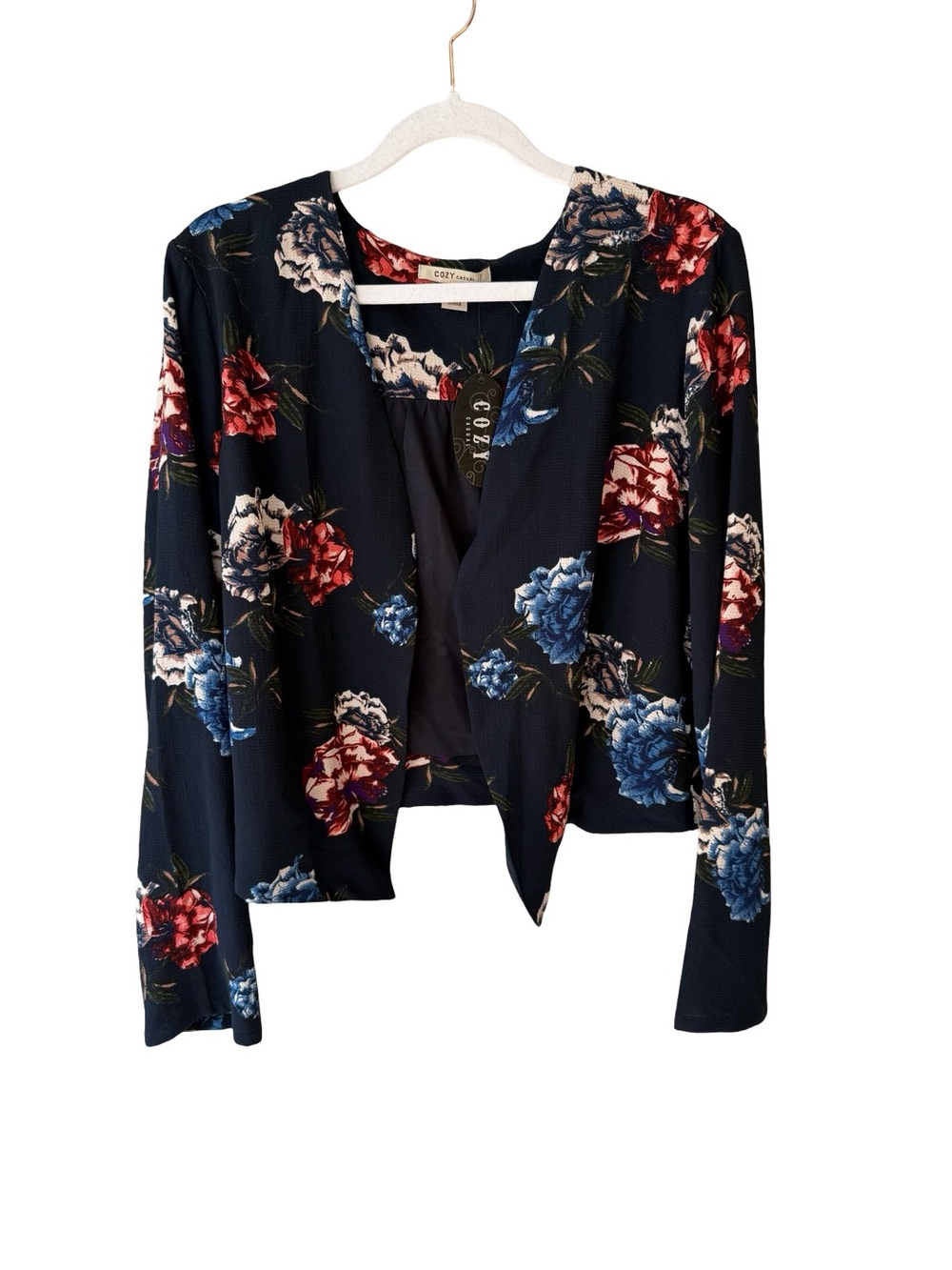 Cozy Casual Navy Floral Open Front Blazer Cardigan Jacket Size 1X Feminine